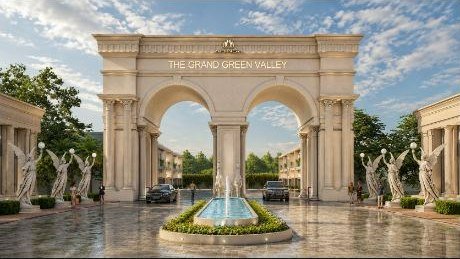 Rendering of a triple-arch gateway with statues and a fountain, lettered THE GRAND GREEN VALLEY.
