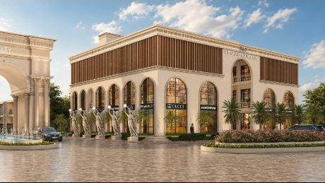 Rendering of a classical retail pavilion with arcaded shopfronts and statues along the frontage.