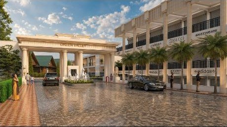 Rendering of a colonnaded entrance block with shopfronts and a landscaped forecourt.