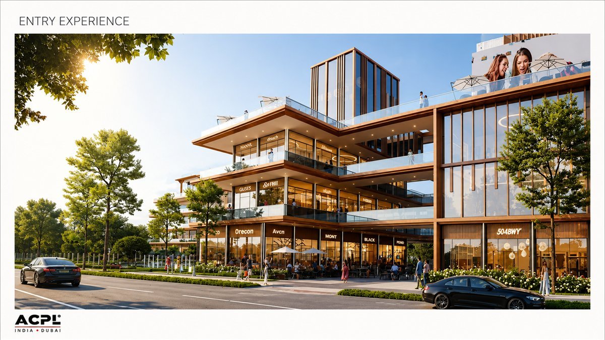 Rendering of the City Centre mall: a glass-fronted retail building of several storeys with trees and parked cars in front.