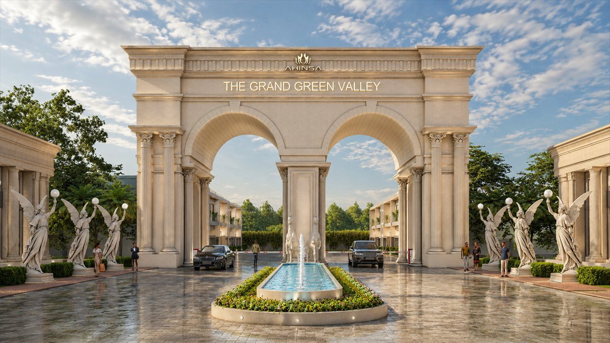 Rendering of a triple-arch gateway with statues and a fountain, lettered THE GRAND GREEN VALLEY.