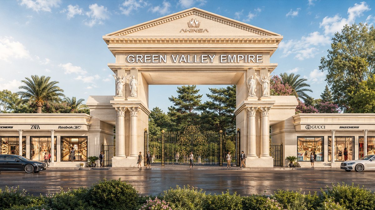 Rendering of the Green Valley Empire gateway, a columned arch lettered GREEN VALLEY EMPIRE with shopfronts along the approach.
