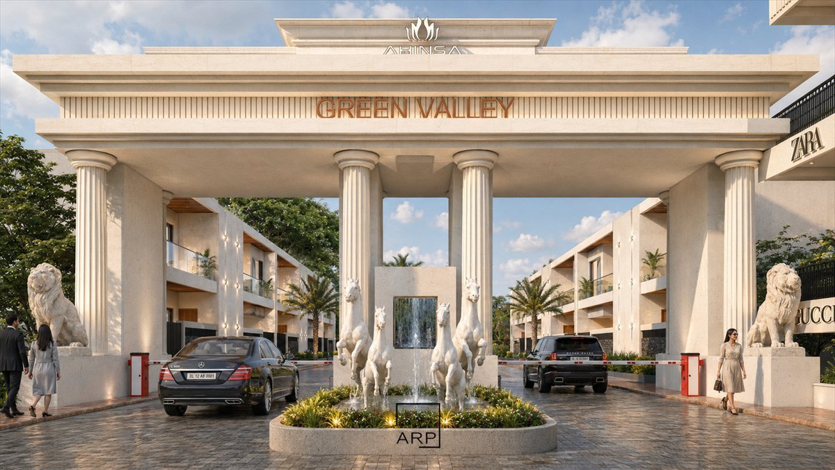 Rendering of the Green Valley entrance: a colonnaded gateway with lion statues and a fountain, shopfronts either side.