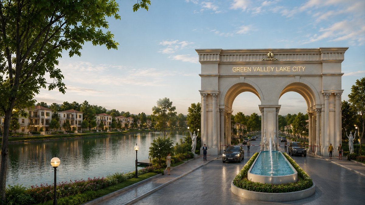 Rendering of the Green Valley Lake City gateway beside a lake, with houses along the far bank.