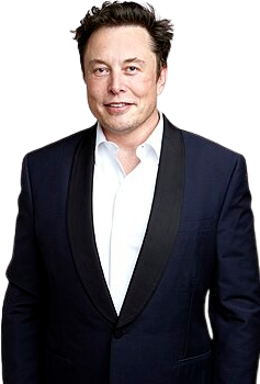 Elon Musk in a navy dinner jacket with a black shawl lapel over an open white shirt, cut out from its background.