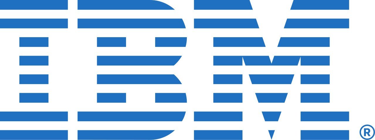 The IBM logo: the letters IBM in blue, cut by horizontal stripes.