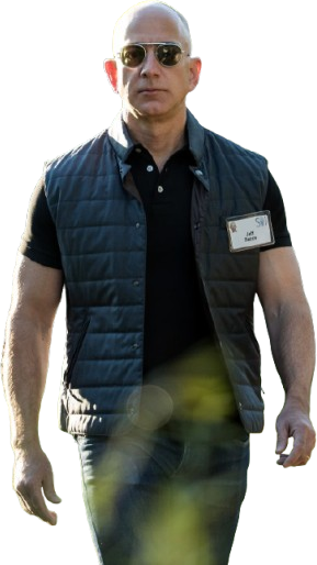 Jeff Bezos walking in a quilted gilet over a black polo shirt, wearing sunglasses and a conference badge, cut out from its background.