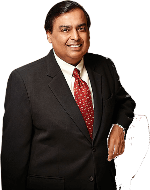 Mukesh Ambani in a black suit and red tie, one hand resting at his side, cut out from its background.
