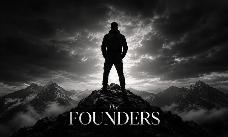 The Founders — a lone figure on a mountain summit beneath a stormy sky