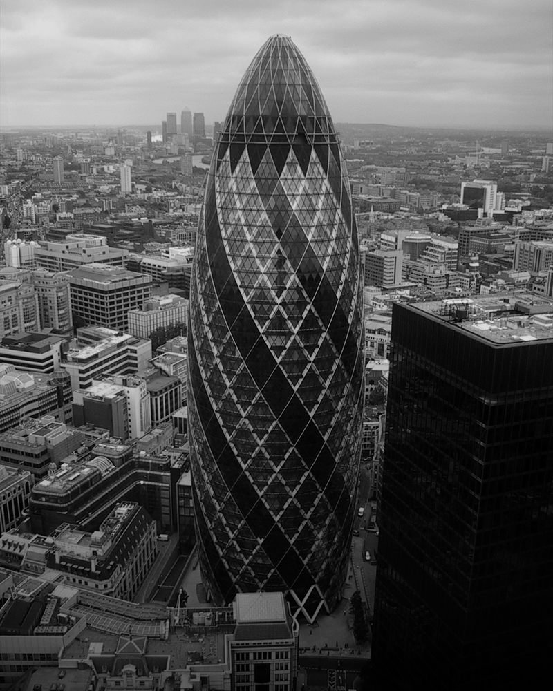 The towers of a financial district seen from above.